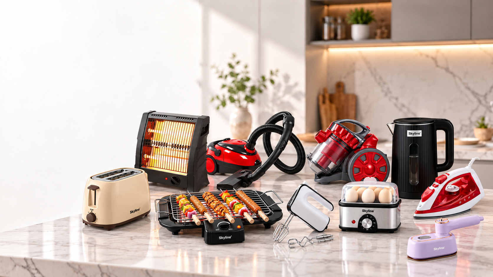 Skyline kitchen and home appliance showcase - heater, vacuum cleaners, toaster, kettle, grill, hand mixer, egg boiler, iron and steamer