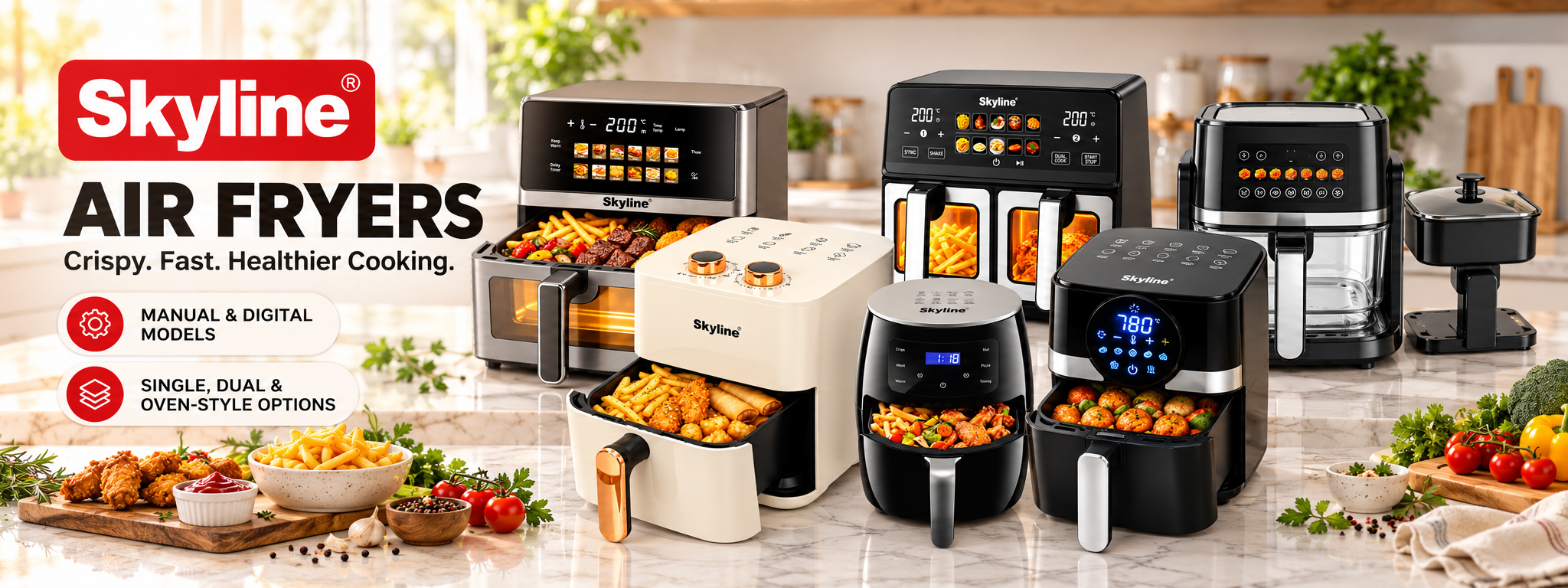 Skyline air fryers - manual and digital, single, dual and oven-style models