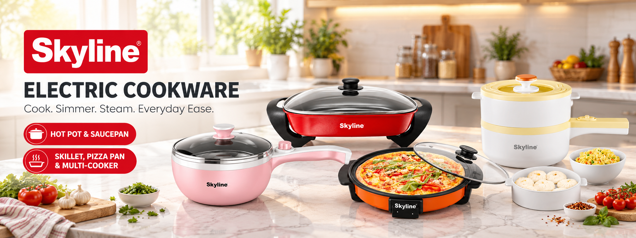 Skyline electric cookware - hot pot, saucepan, skillet, pizza pan and multi-cooker