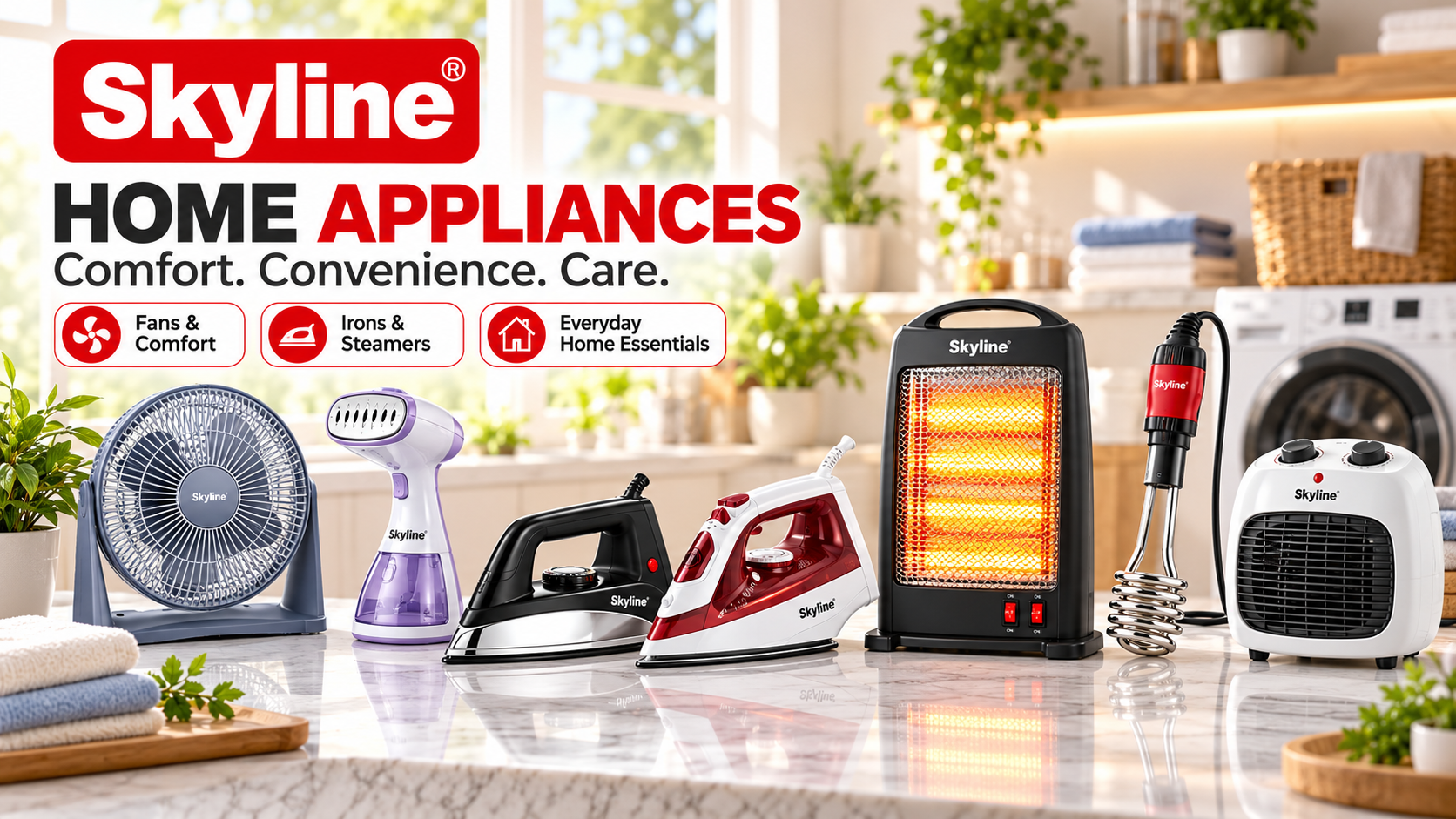 Skyline Home Appliances ? table fan, garment steamer, irons, halogen heater, immersion rod and fan heater