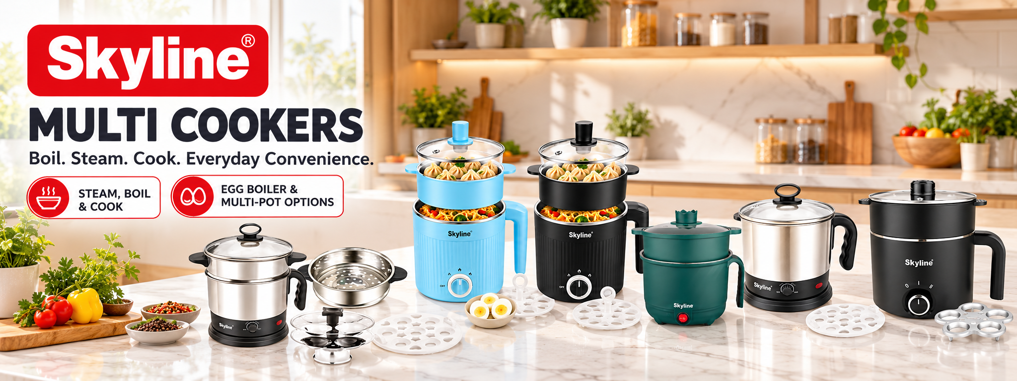 Skyline multi cookers and multi kettles - boil, steam and cook with egg boiler and steamer options