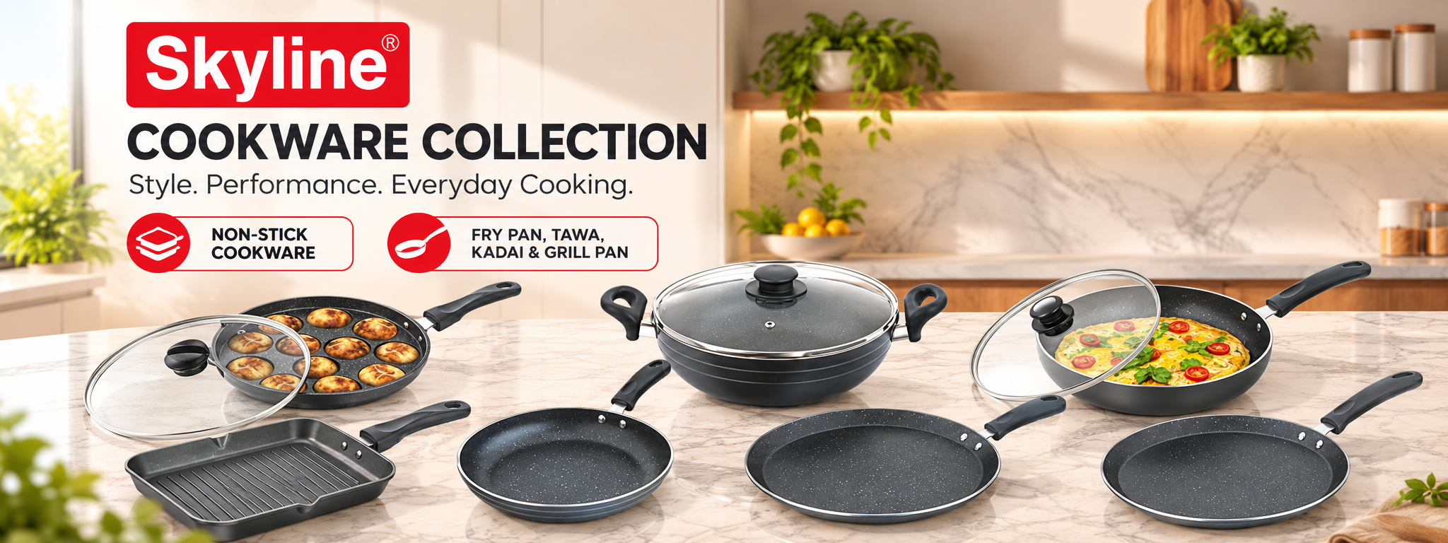 Skyline non-stick cookware collection - fry pan, dosa tawa, kadhai, grill pan and appam maker