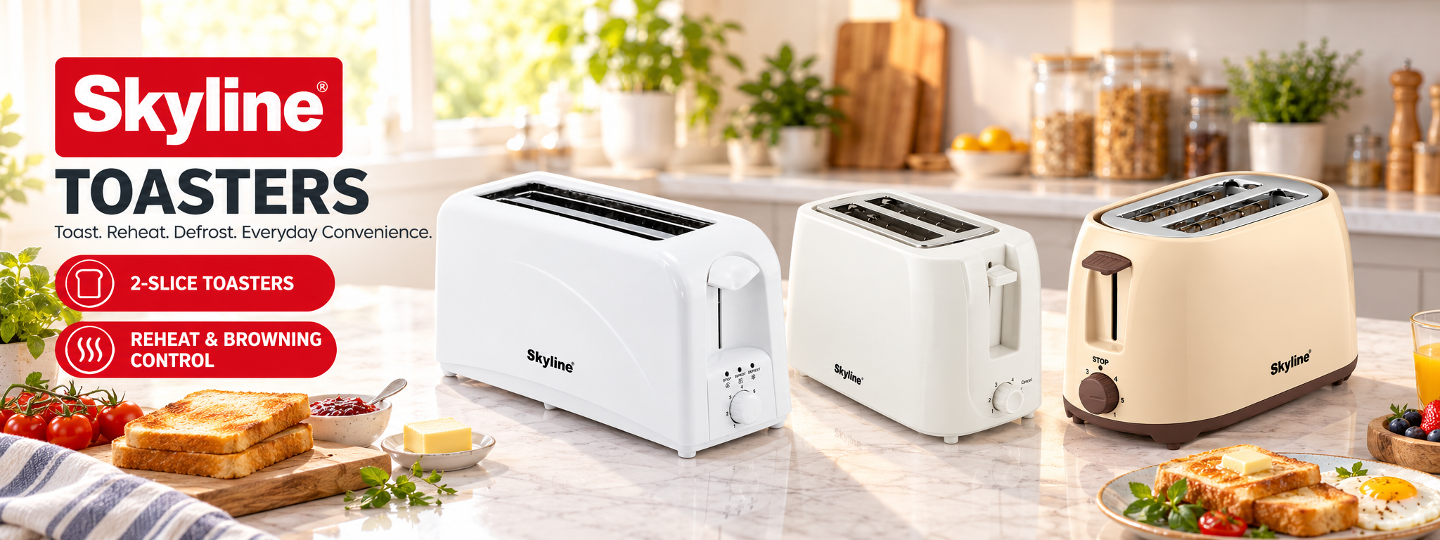 Skyline pop-up toasters - toast, reheat, defrost and browning control