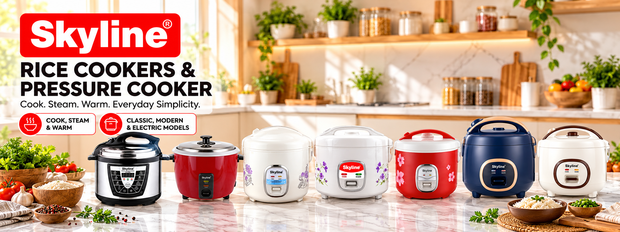 Skyline rice cookers and pressure cooker collection - cook, steam and warm