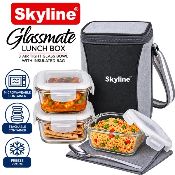 Lunch Box Set with 3 Airtight Glass Bowls & Insulated Carry Bag Glass Mate